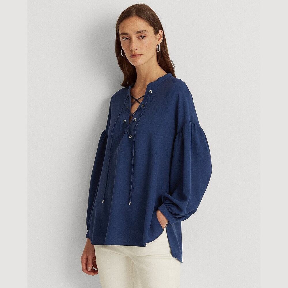 Lauren Ralph Lauren Women Indigo Blue Lace-Up Double-Faced Tunic Blouse Size M